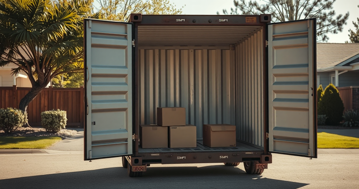 Portable moving container in a driveway with the door open