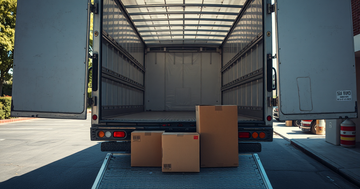 Loading ramp into a rental truck with a few boxes staged