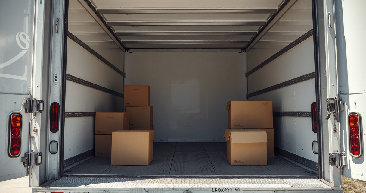 Rental moving truck parked in a driveway with the ramp down
