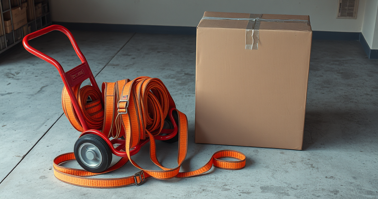 Moving straps and a hand truck beside wrapped furniture