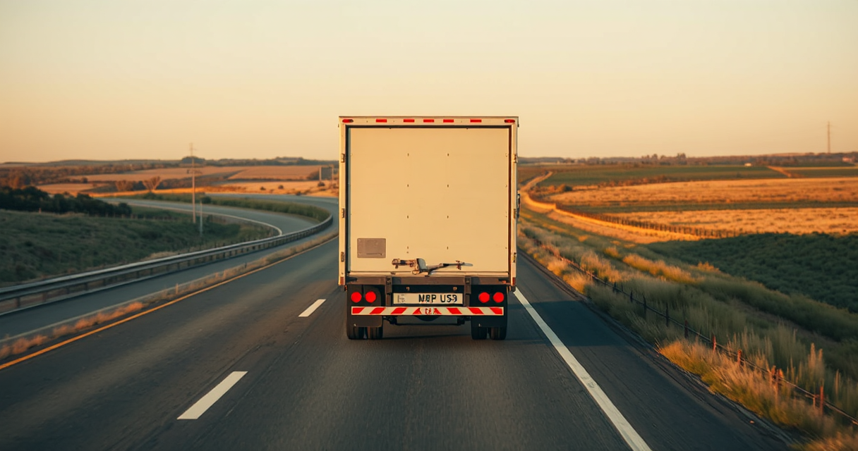 Moving truck driving on an open interstate highway at golden hour