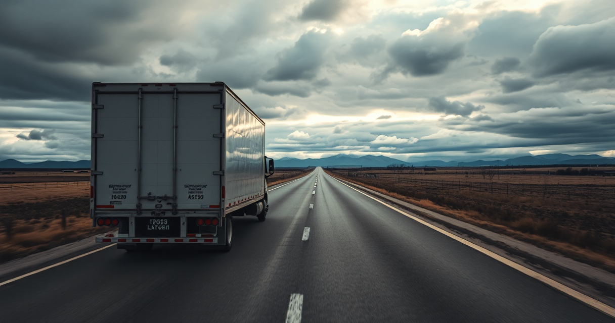Moving truck on a long straight highway toward the horizon