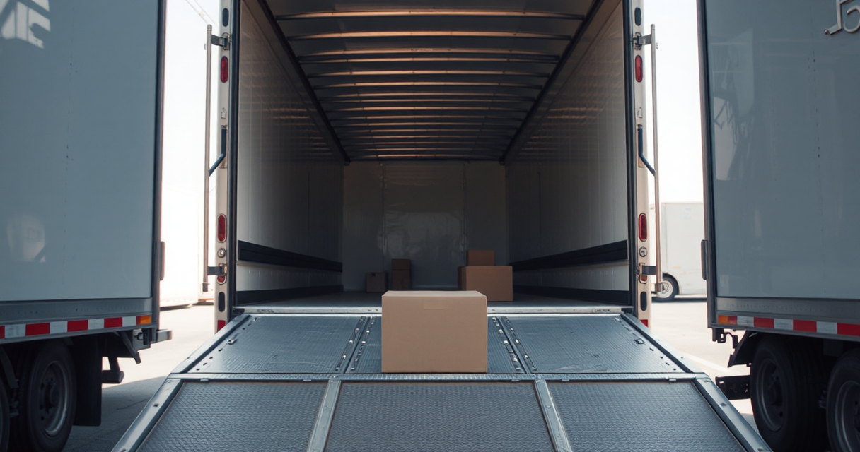 Loading ramp into a large moving trailer with boxes staged
