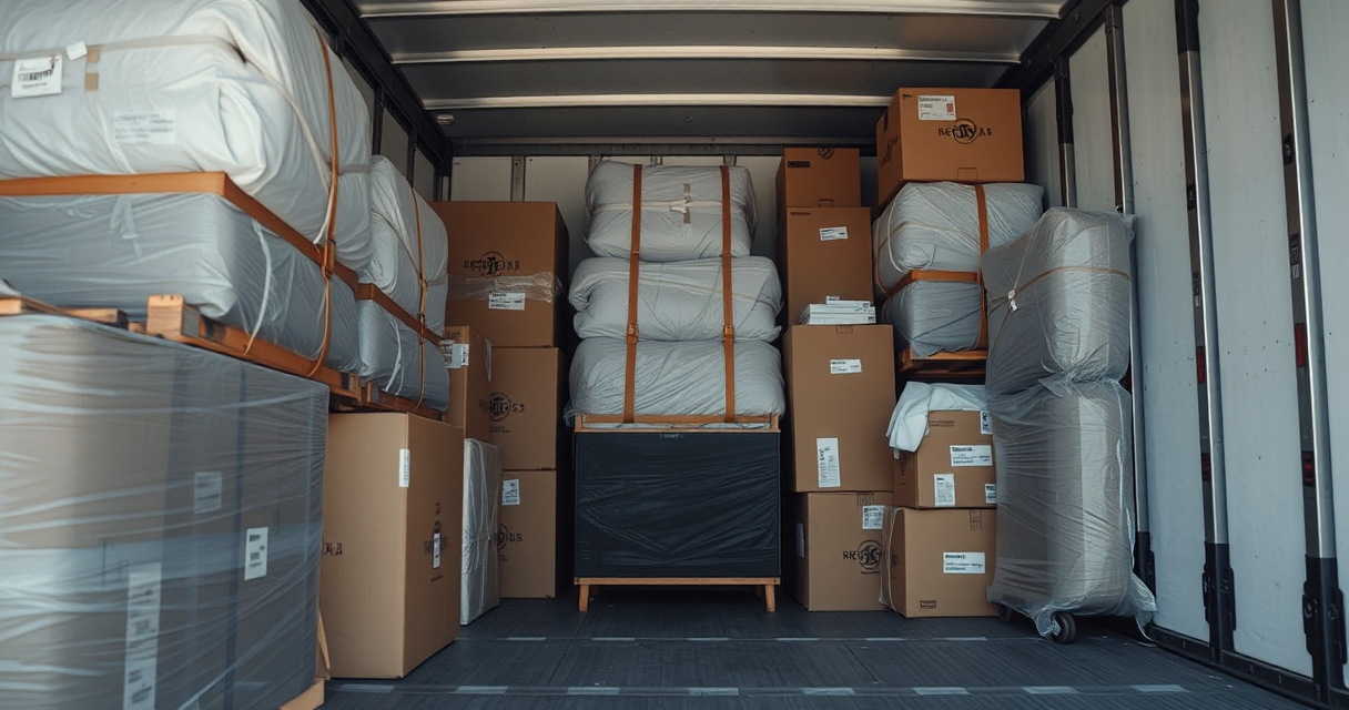 Wrapped furniture secured with straps inside a moving trailer