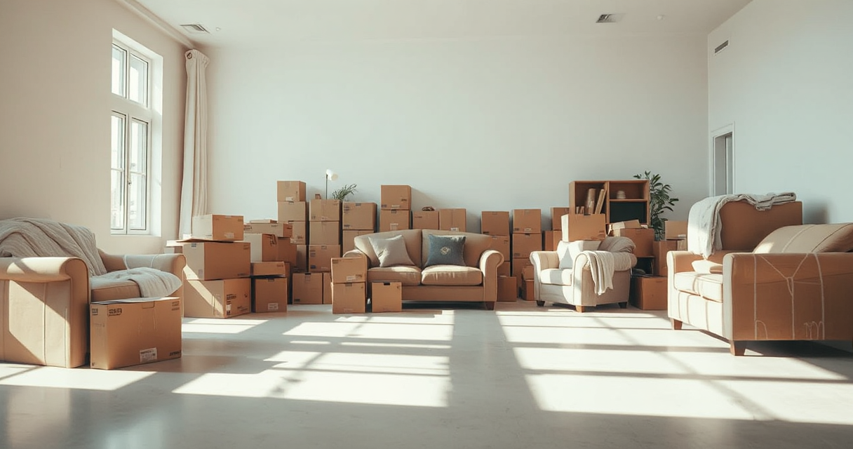 Boxes and wrapped furniture staged by room for a long-distance move
