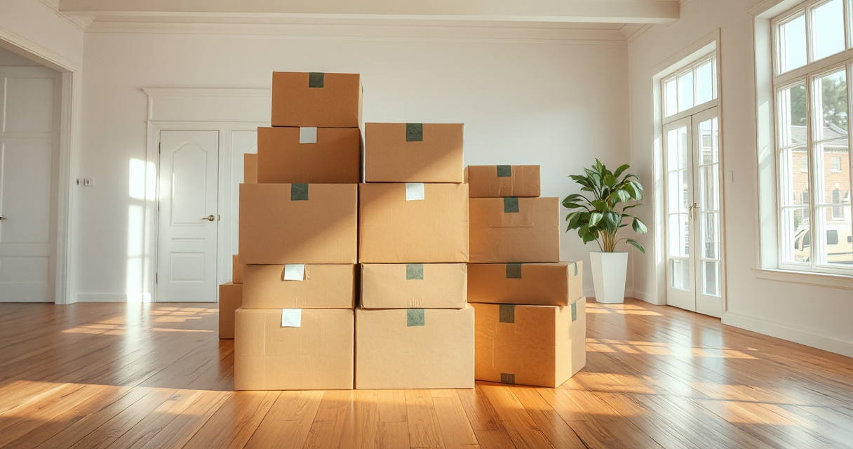 Neat stack of sealed moving boxes in an empty living room