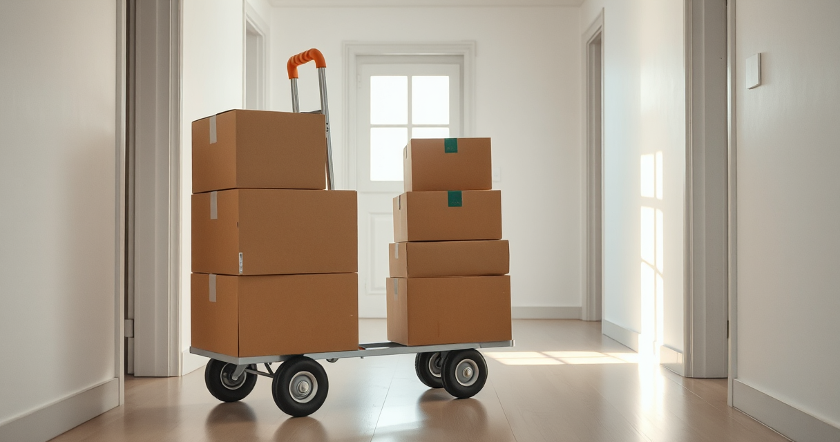 Hand dolly loaded with stacked moving boxes in a hallway