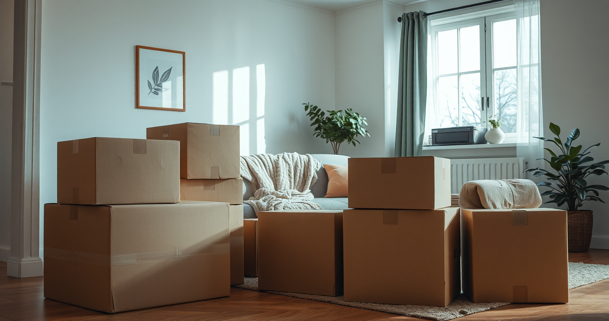 Partially packed living room with boxes and wrapped furniture
