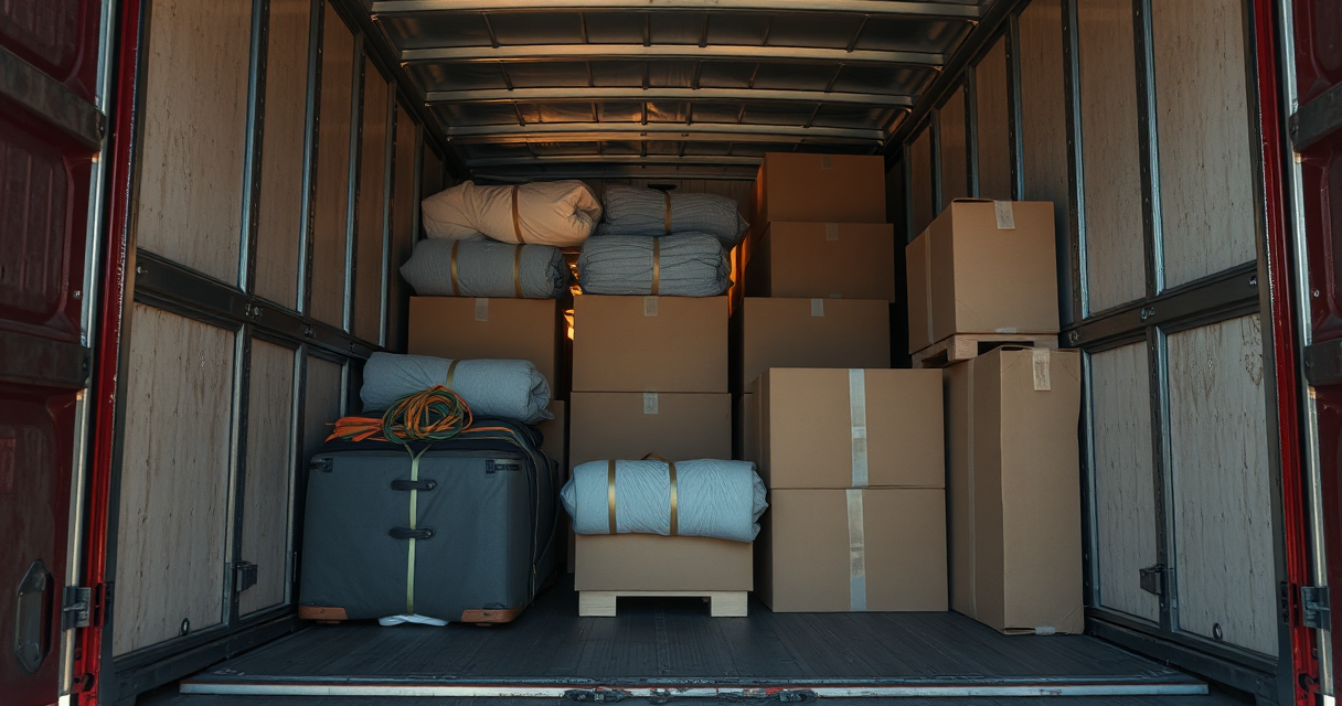 Interior of a moving truck neatly loaded with wrapped furniture and boxes