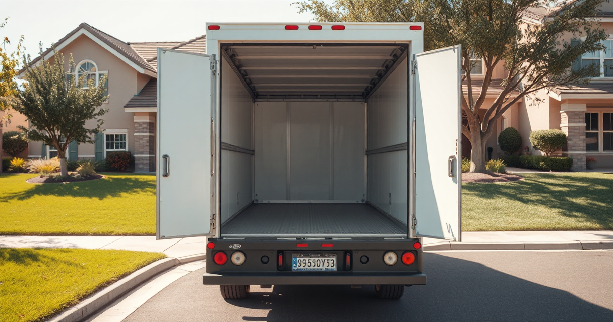 Clean moving truck parked in front of a suburban home with the rear door open