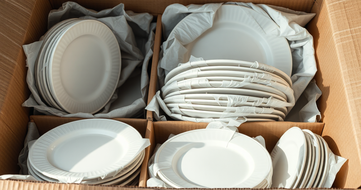 Plates and glassware wrapped in paper in a dish-pack box