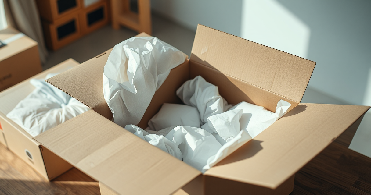Bubble-wrapped fragile items packed with paper in a box