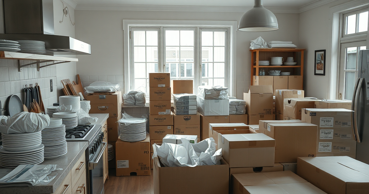 Kitchen mid-pack with wrapped dishes and boxes on the counter