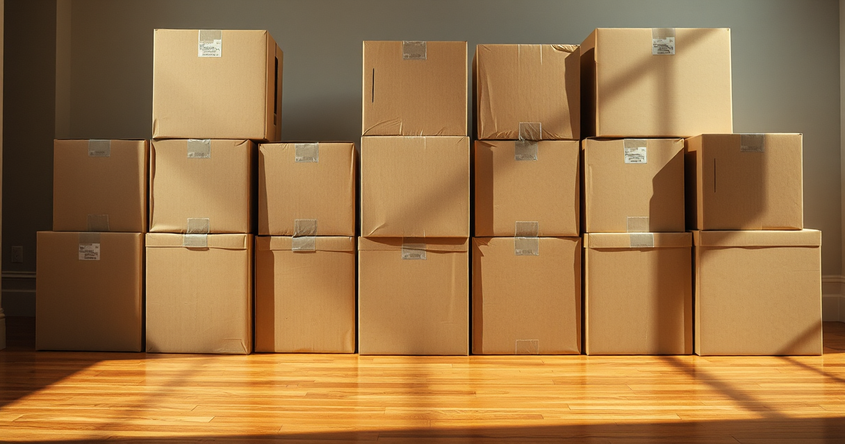 Professionally packed and labeled moving boxes sealed with tape