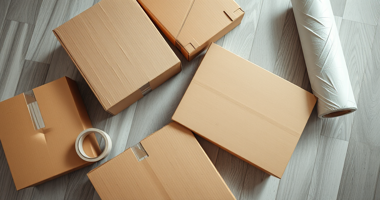 Flat lay of packing supplies: boxes, tape, bubble wrap, paper