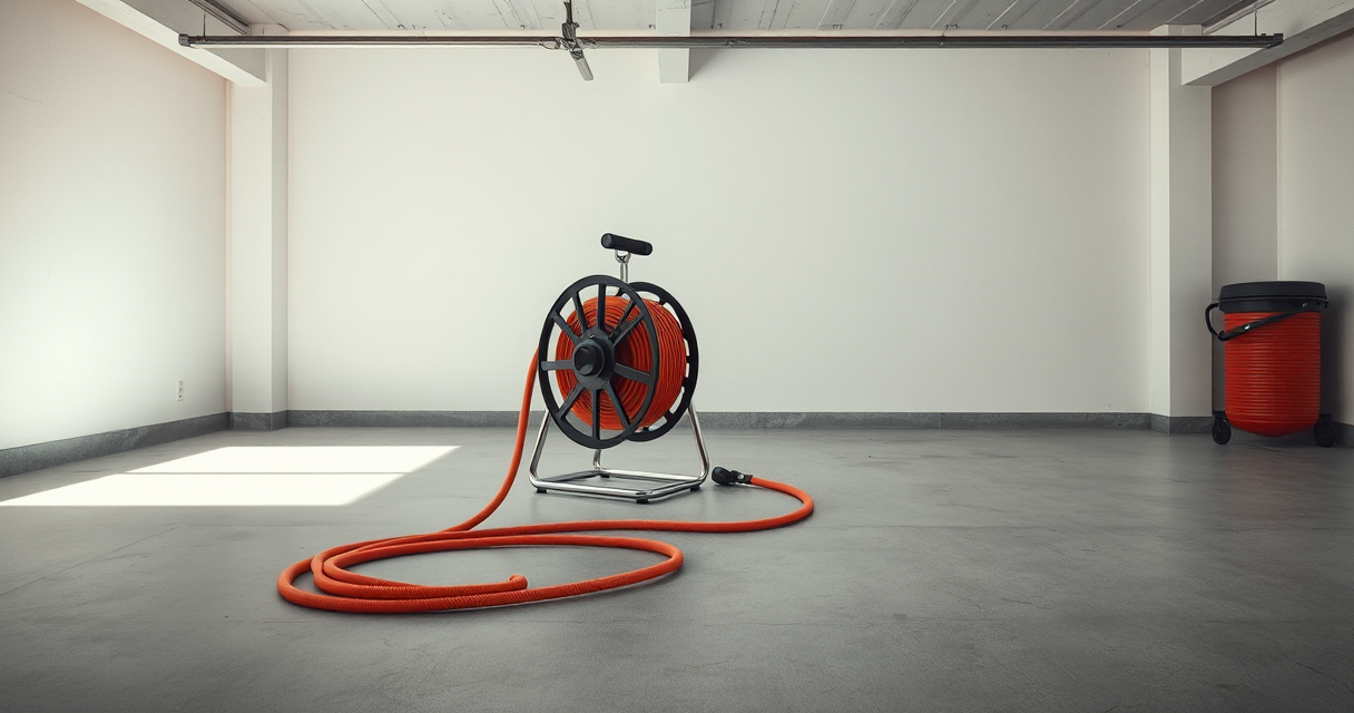 Drain inspection camera reel equipment staged in a bright garage