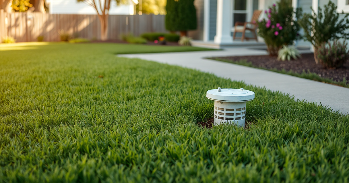 Sewer cleanout cap in a neat green lawn