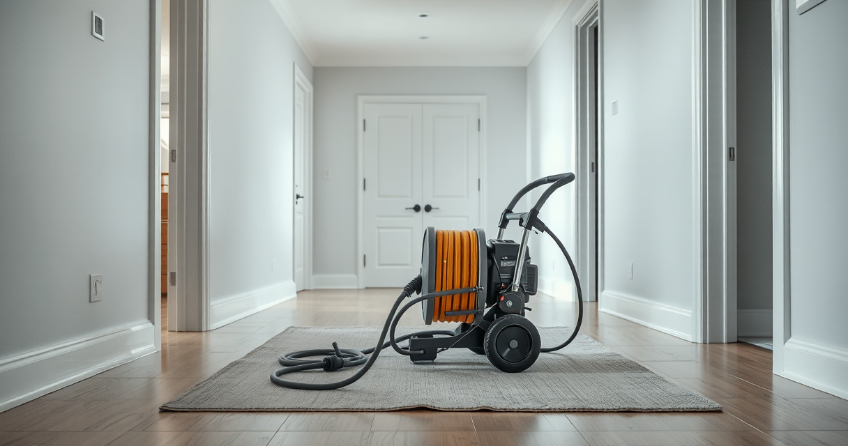 Professional drain cleaning machine staged on a protective mat