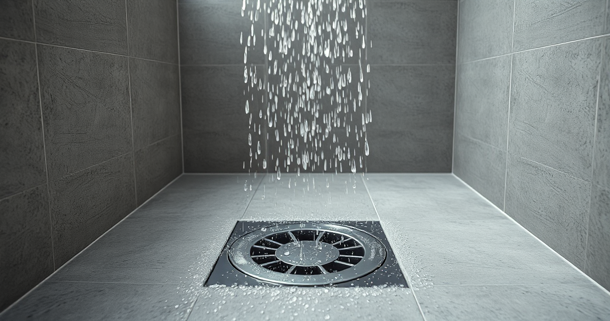 Clean shower drain with water flowing freely across spotless tile