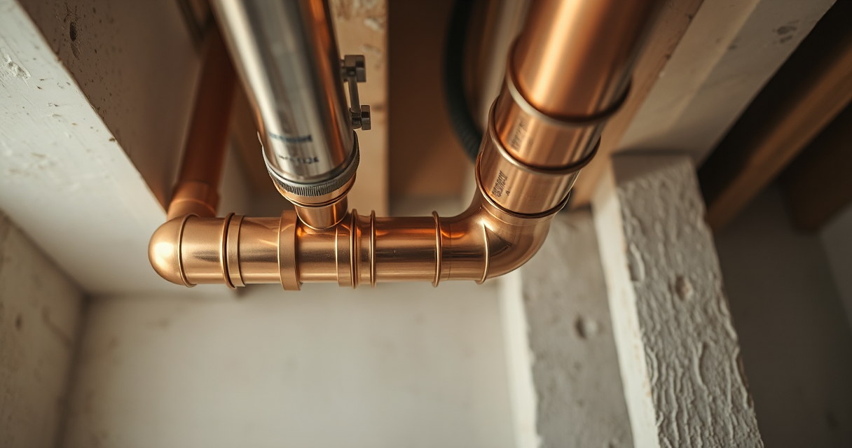 New copper pipe section with shiny fittings after a burst pipe repair
