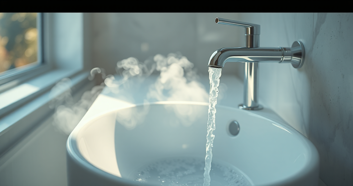 Hot water running again from a bathroom faucet with visible steam