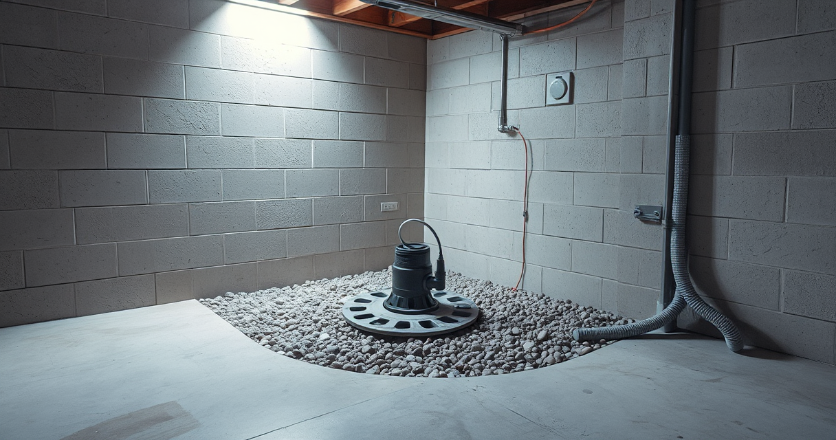 New sump pump installed in a clean basement pit