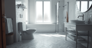 Spotless bathroom with dry floor after an overflowing toilet emergency was fixed