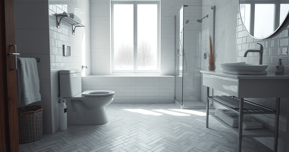 Spotless bathroom with dry floor after an overflowing toilet emergency was fixed