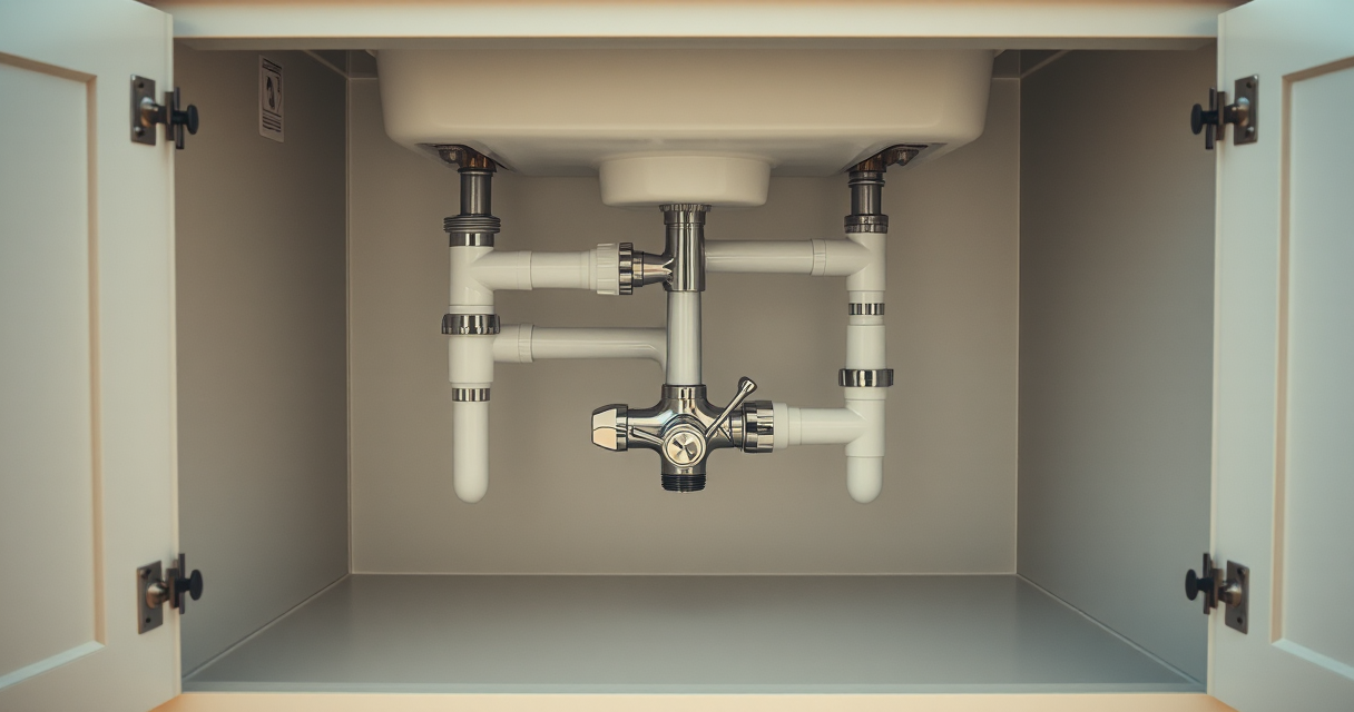 Dry under-sink cabinet with new P-trap and shutoff valves after a leak repair
