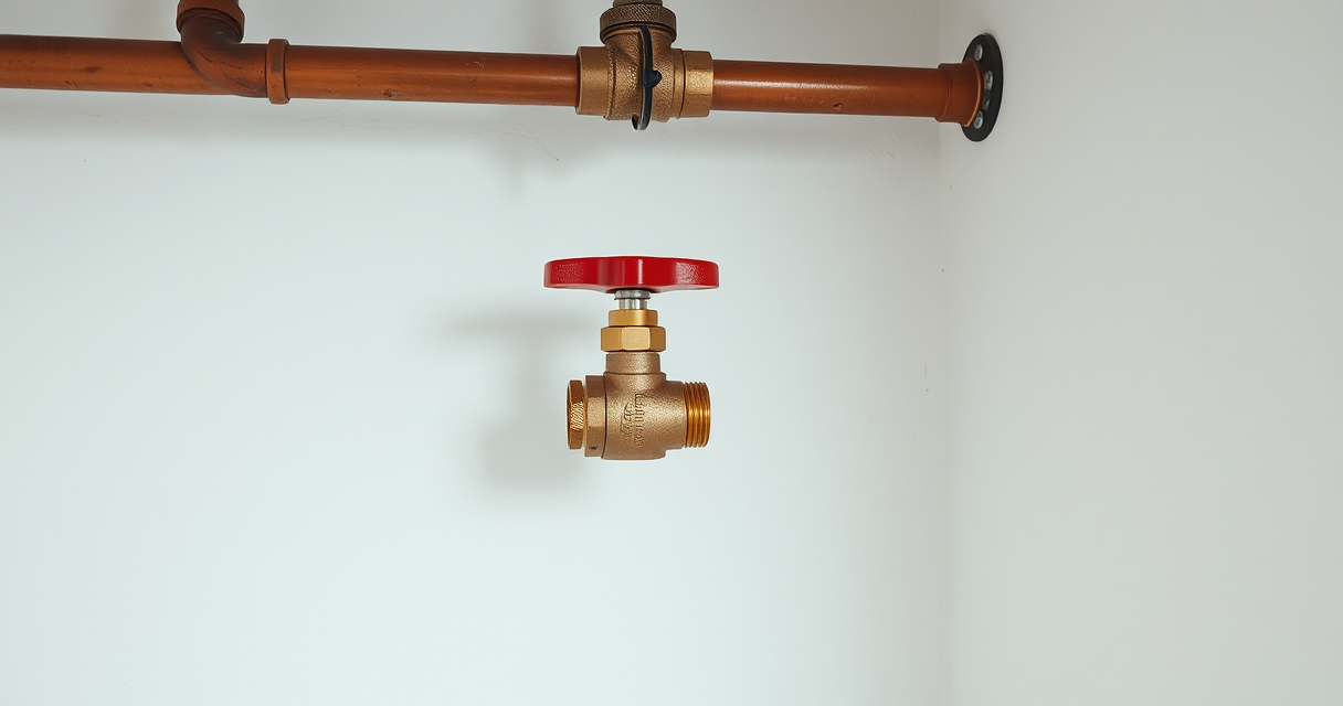 New main water shutoff valve with red lever on a copper supply line