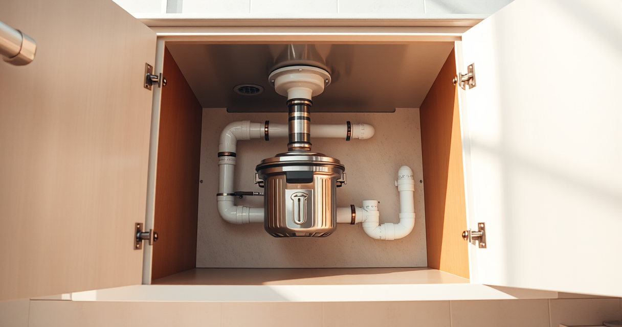 New garbage disposal unit installed under a clean kitchen sink
