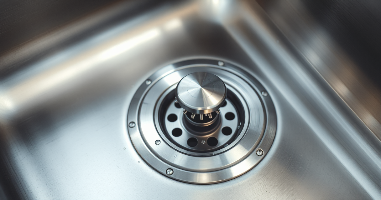 Gleaming new sink flange and stopper in a stainless kitchen sink