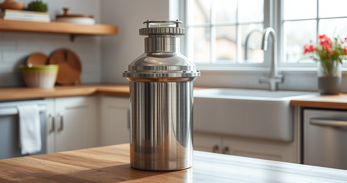 New stainless garbage disposal unit ready to install beside a kitchen sink