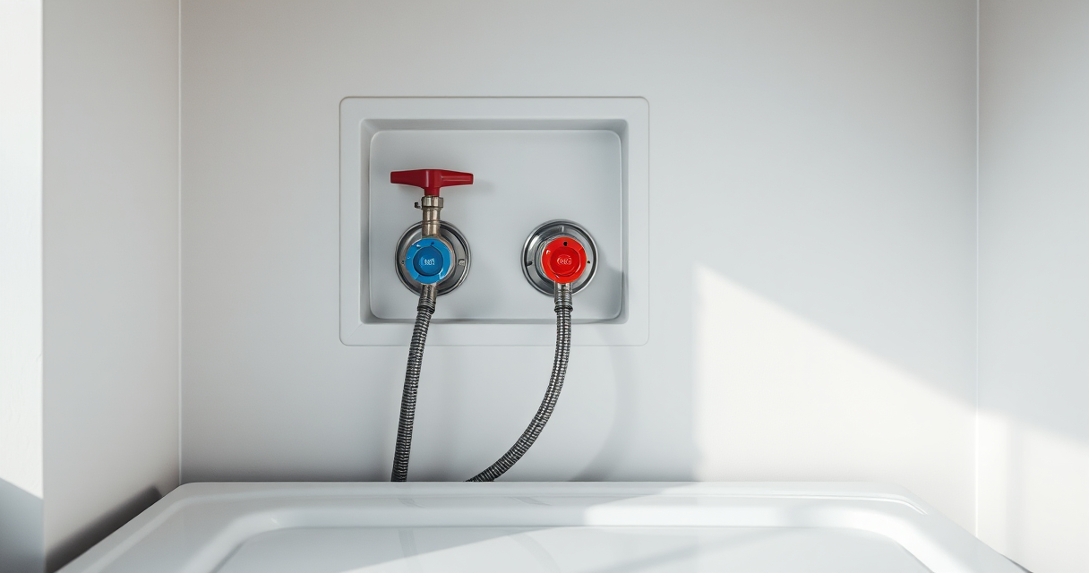 Laundry hookup with stainless braided hoses connected to wall valves