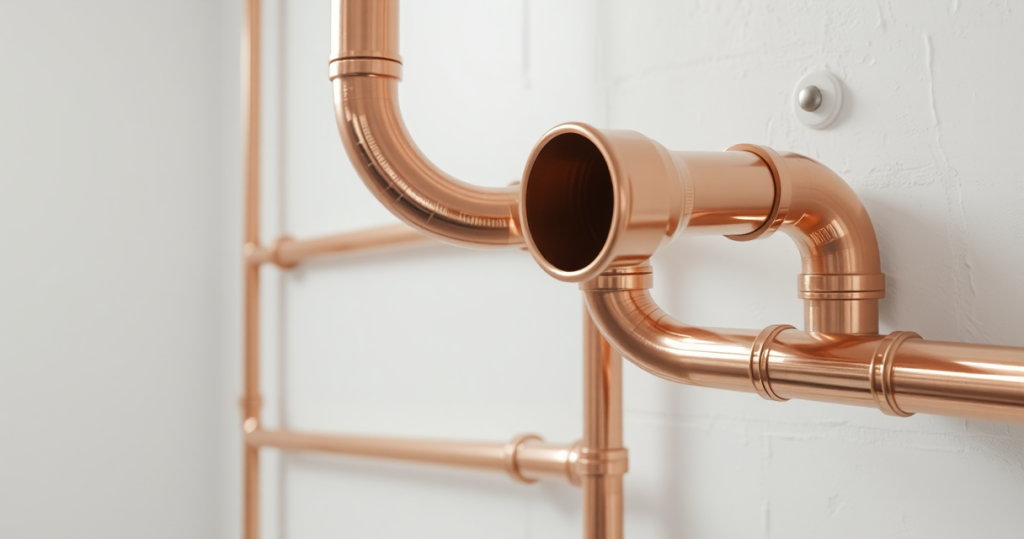 Gleaming new copper pipes with elbow fittings on a basement wall