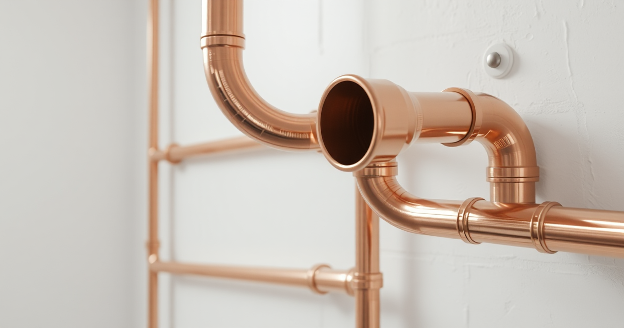 Gleaming new copper pipes with elbow fittings on a basement wall