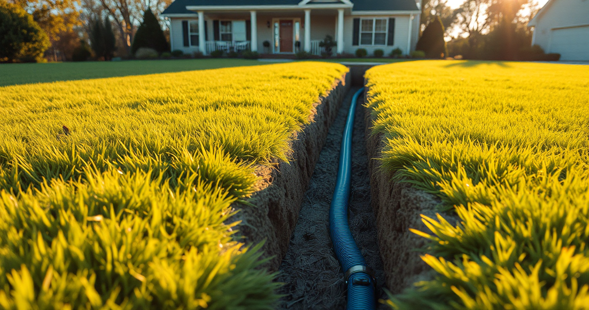 New water service line in a neat open trench being connected to a home