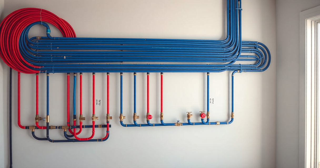 Whole-home PEX manifold system with labeled red and blue runs