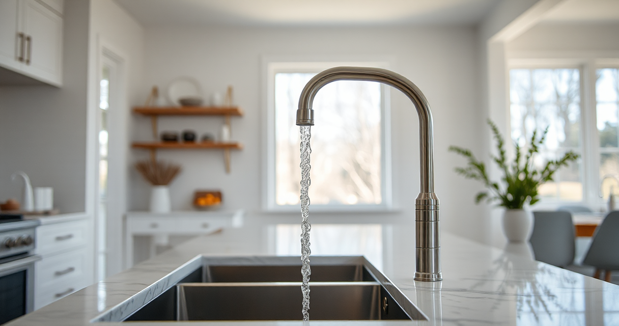 New brushed-nickel kitchen faucet with water running
