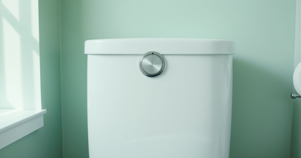Modern toilet tank close-up with dual-flush button in a bright bathroom