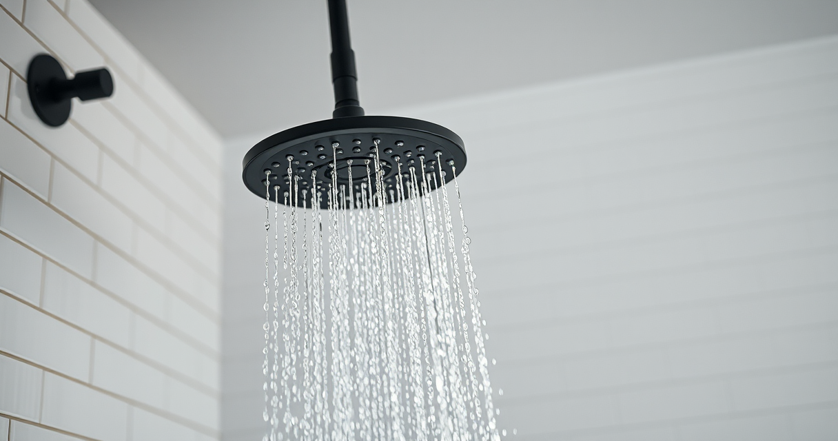 New rainfall shower head streaming water in a bright shower