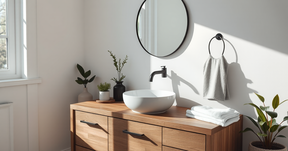 New bathroom vanity with vessel sink and modern faucet installed
