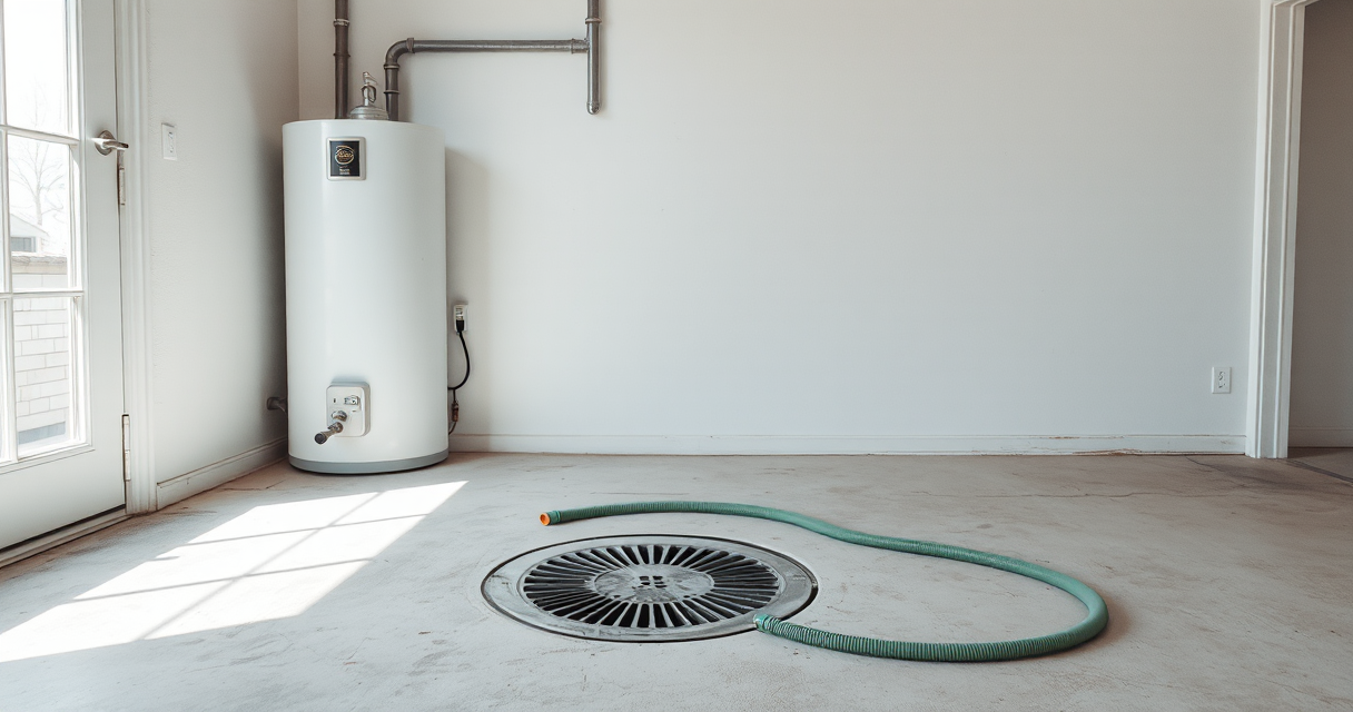 Clean utility room with water heater ready for annual flush and maintenance