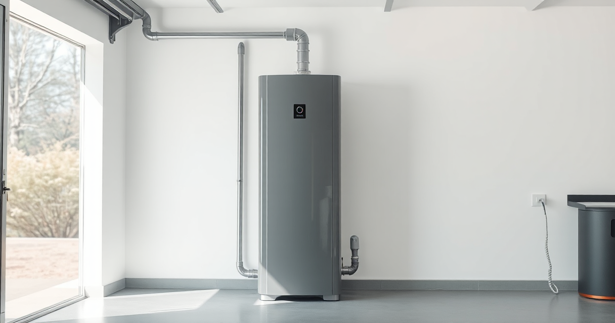 Modern hybrid heat pump water heater installed in a garage