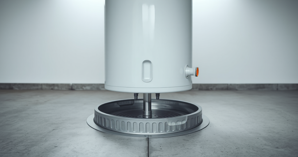 Water heater sitting in a new aluminum drain pan on a dry floor