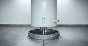 Water heater sitting in a new aluminum drain pan on a dry floor
