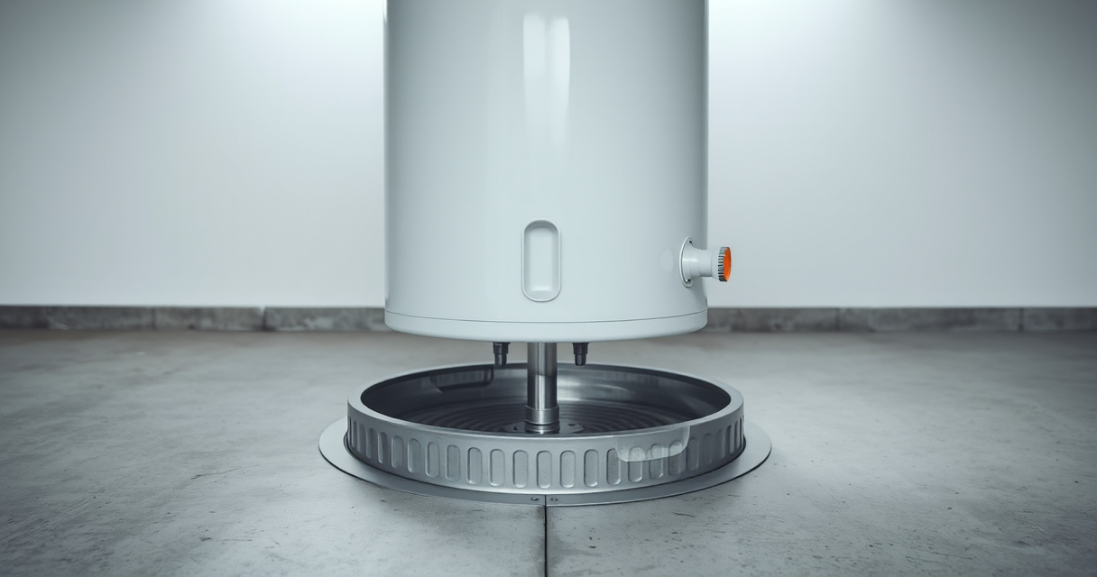 Water heater sitting in a new aluminum drain pan on a dry floor