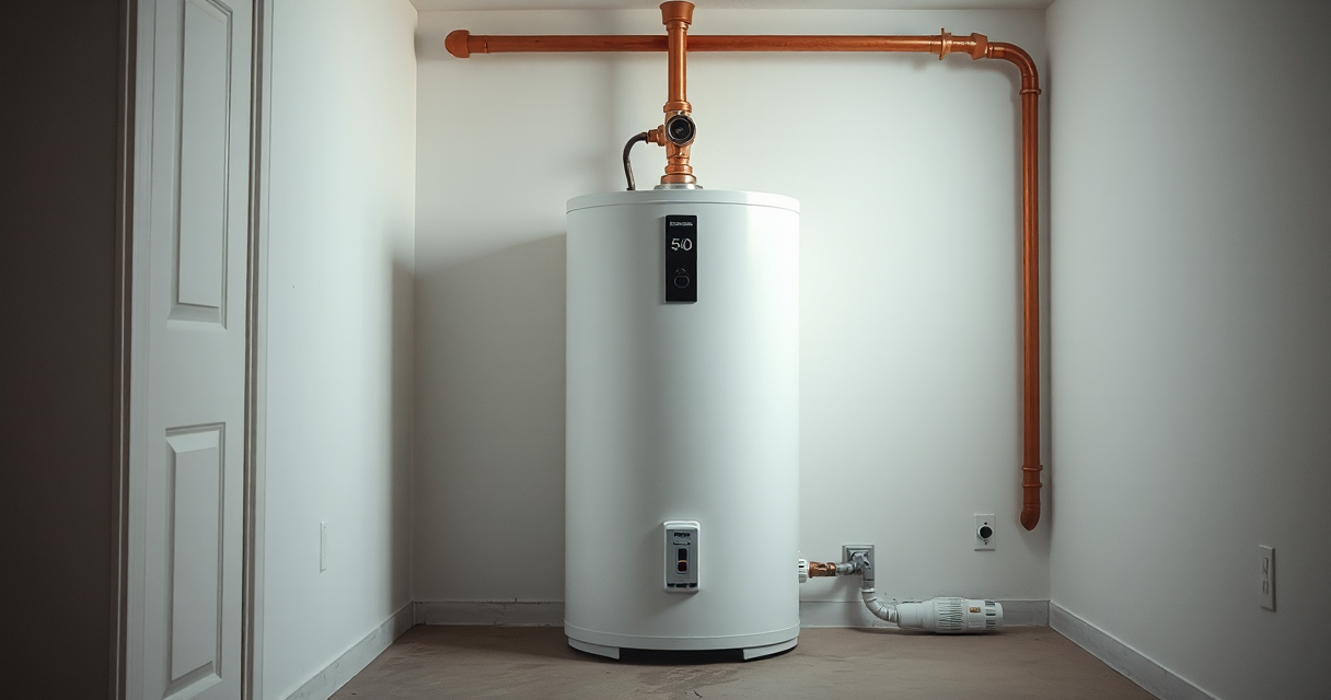 New tank water heater installed with clean copper connections in a utility room