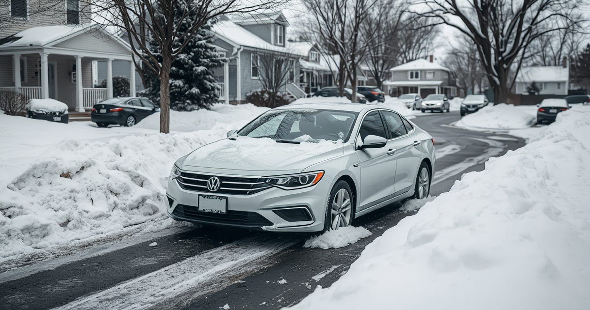 Sedan freed from deep street snow along a curb