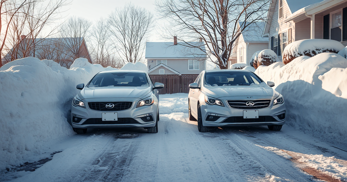 Two cars in a snowy driveway both dug out
